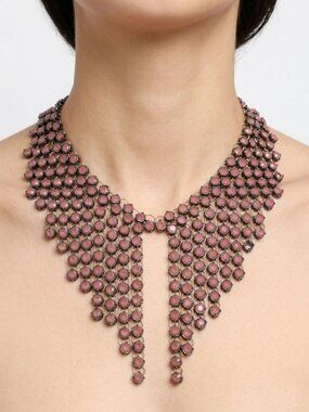 Zara Pink Rhinestone Statement Bib Necklace - Antique Gold Tone Mesh Collar